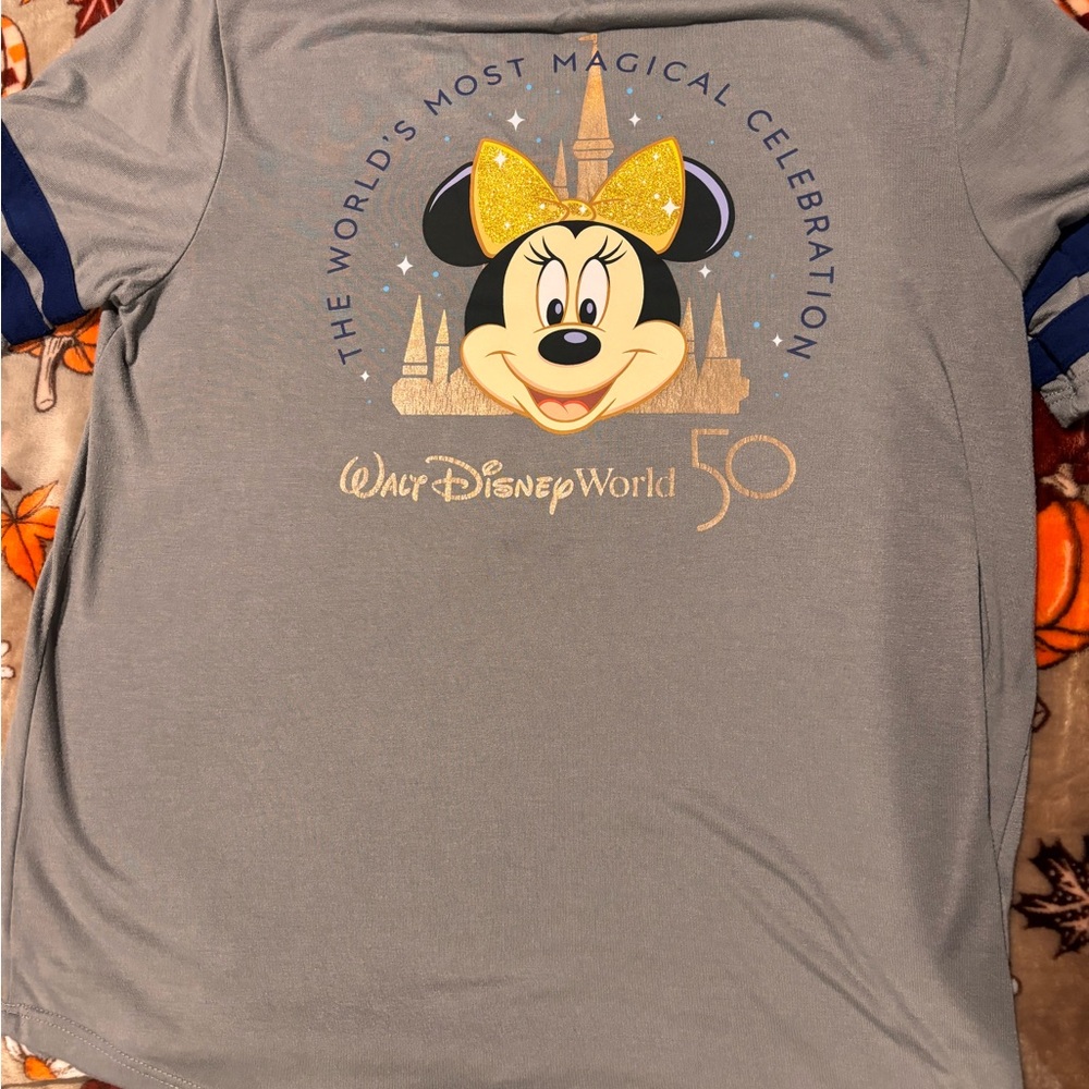Disney Women’s Gray Shirt with Minnie Mouse and Gold Accents